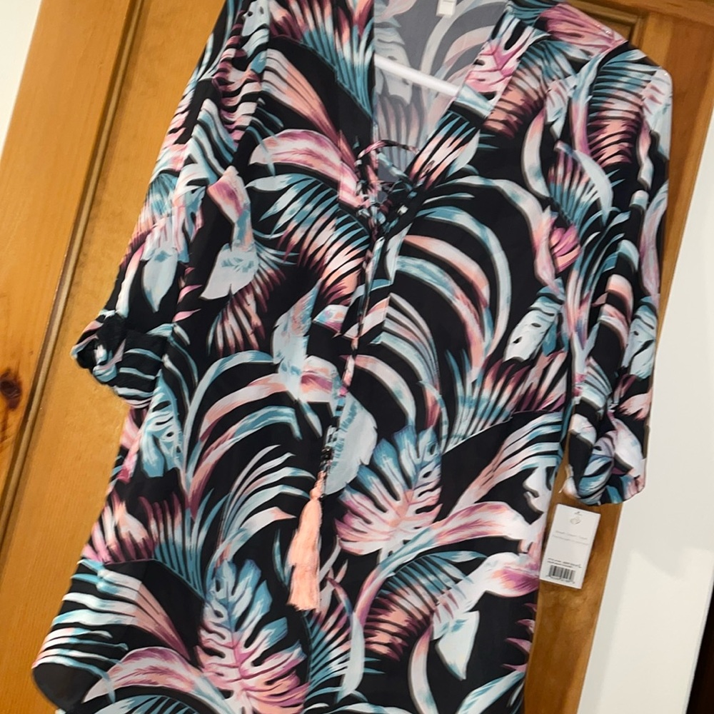 Apana beach bikini cover up Resort Majesty Palm print black green NWT large